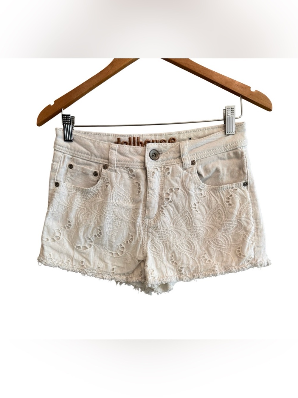 Dollhouse White Embroidered Frayed Hem Denim Shorts